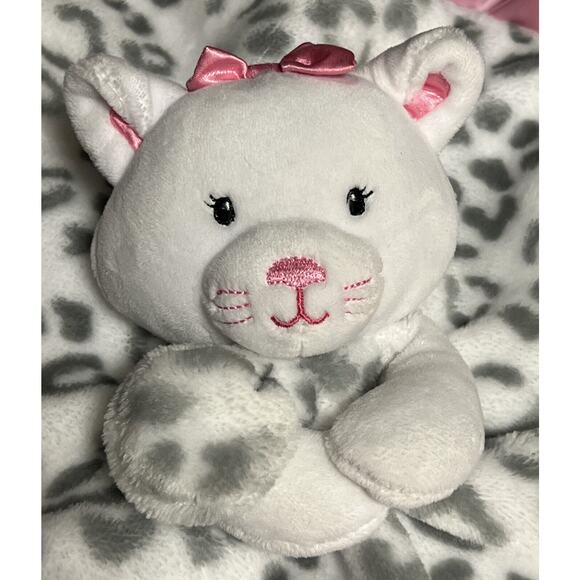 Okie Dokie Cat Leopard Plush Pink Grey Satin Ruffle Baby Security Lovey Blanket - Picture 2 of 4